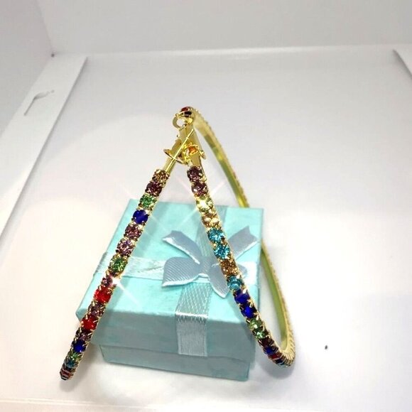 Crystal Hoop Earrings Gold Tone Multicolor Fashion Jewelry - Picture 4 of 7